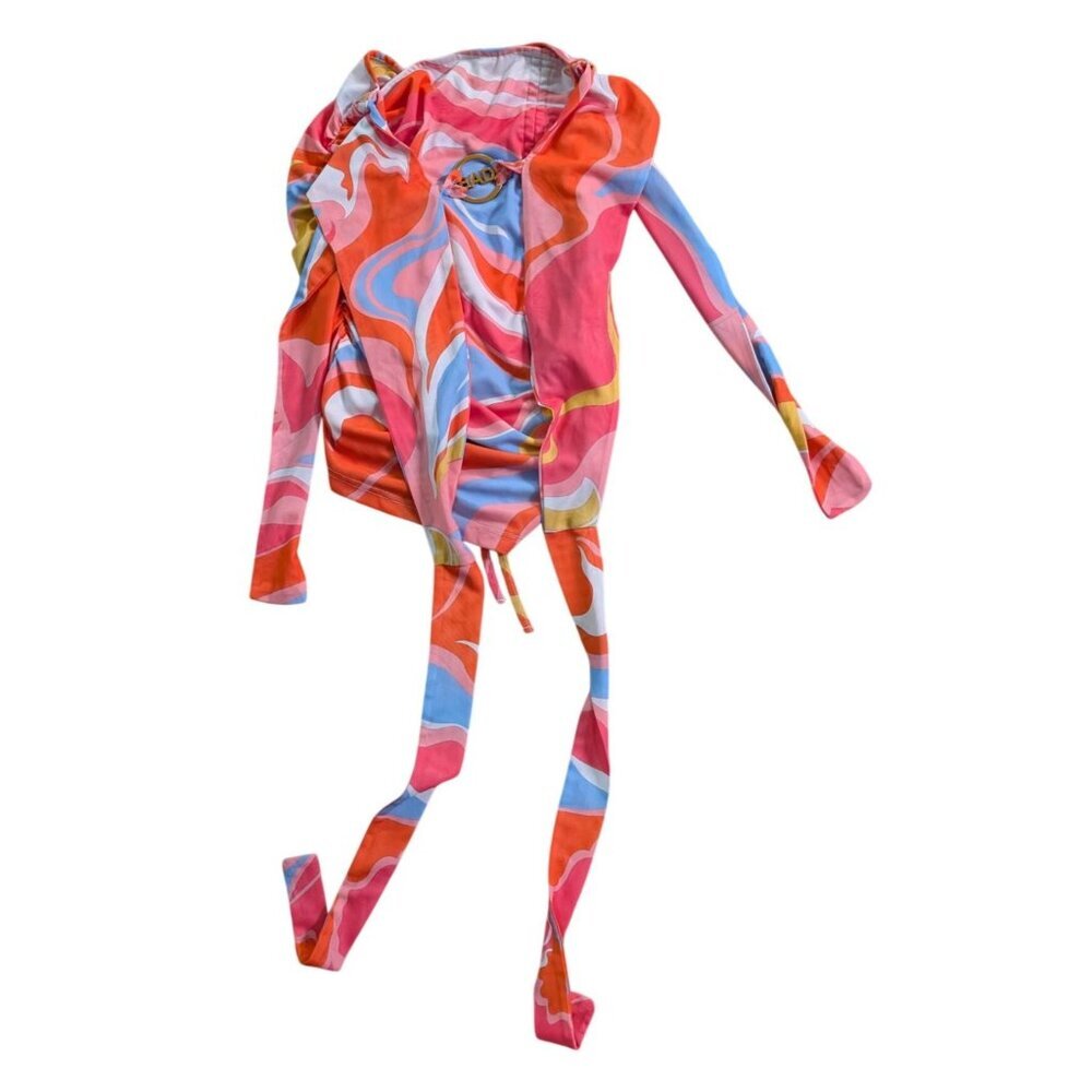 Bad Society Club Psychedelic Swirl Retro Bodycon Mini Dress Size M Ruched Halter - Picture 4 of 5